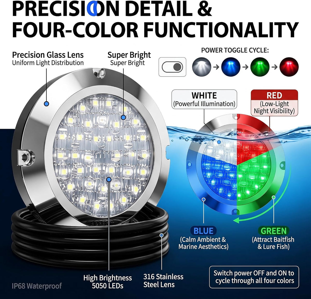 4.25" RGBW Underwater Boat Lights Marine LED Transom Waterproof DC10-30V