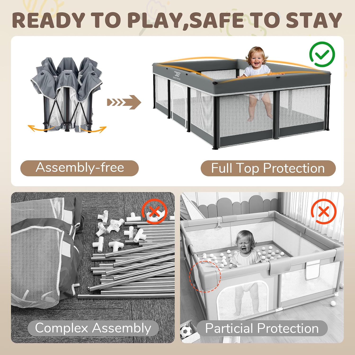 74x50 Foldable Baby Playpen with Mat - Portable Outdoor Play Yard, Grey | Portable Play Pen for Toddlers 1-3, Storage