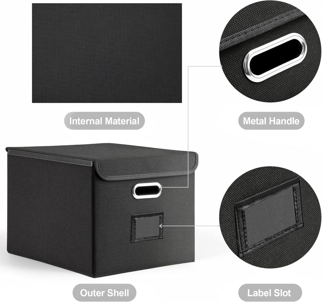 Collapsible File Box with Lid & Plastic Slide - Hanging Document Organizer for Office/Home, 14.96x12.6x10.83