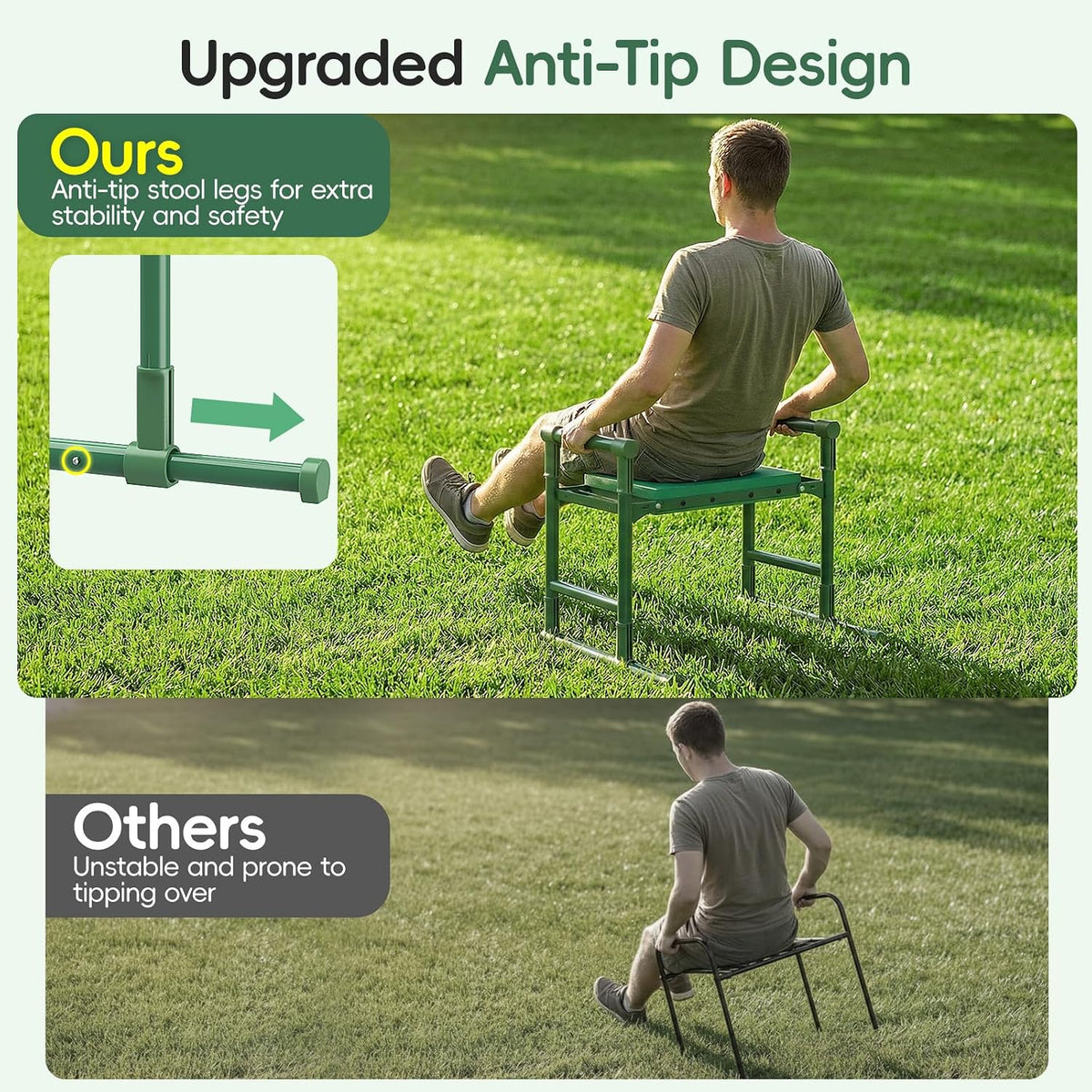 Garden Kneeler and Seat with Anti-Tipping Extendable Legs