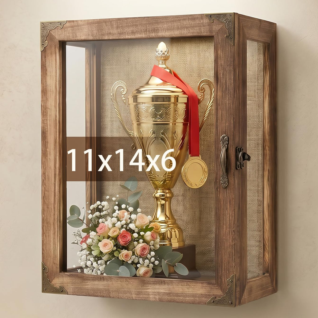 Shadow Box Display Case 11x14 Deep with Glass on 4 Sides, 6.2in Depth Wall Mounted Memory Box for Keepsakes, Wooden