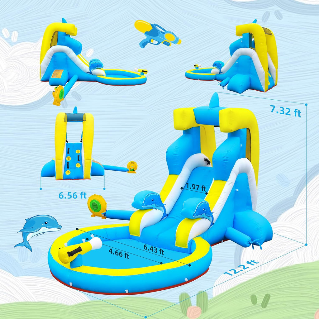 Inflatable Water Slide: 4 in 1 Bounce House Water Park Dolphin Style for Kids - Climbing Wall Splash Pool Water