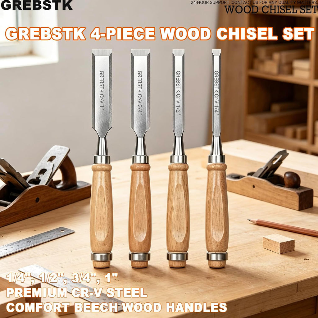 4 Piece Wood Chisel Set CR-V Steel Sharp Bevel Edge for Woodworking | Chromium Vanadium, High Hardness & Durability.