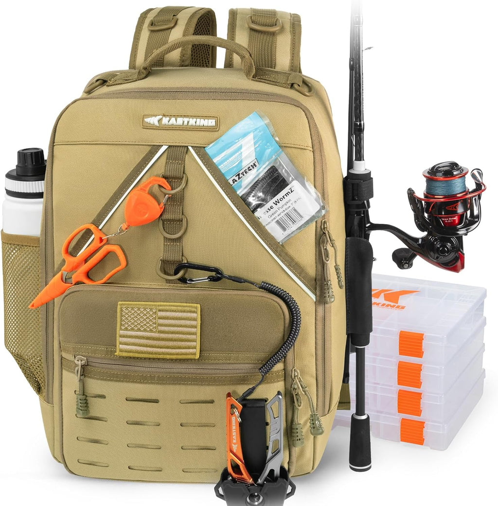 KarryAll Fishing Backpack with Rod Holder 4 Tackle Boxes, 40/26L | Tackle Bag Storage Fishing Gear and Equipment