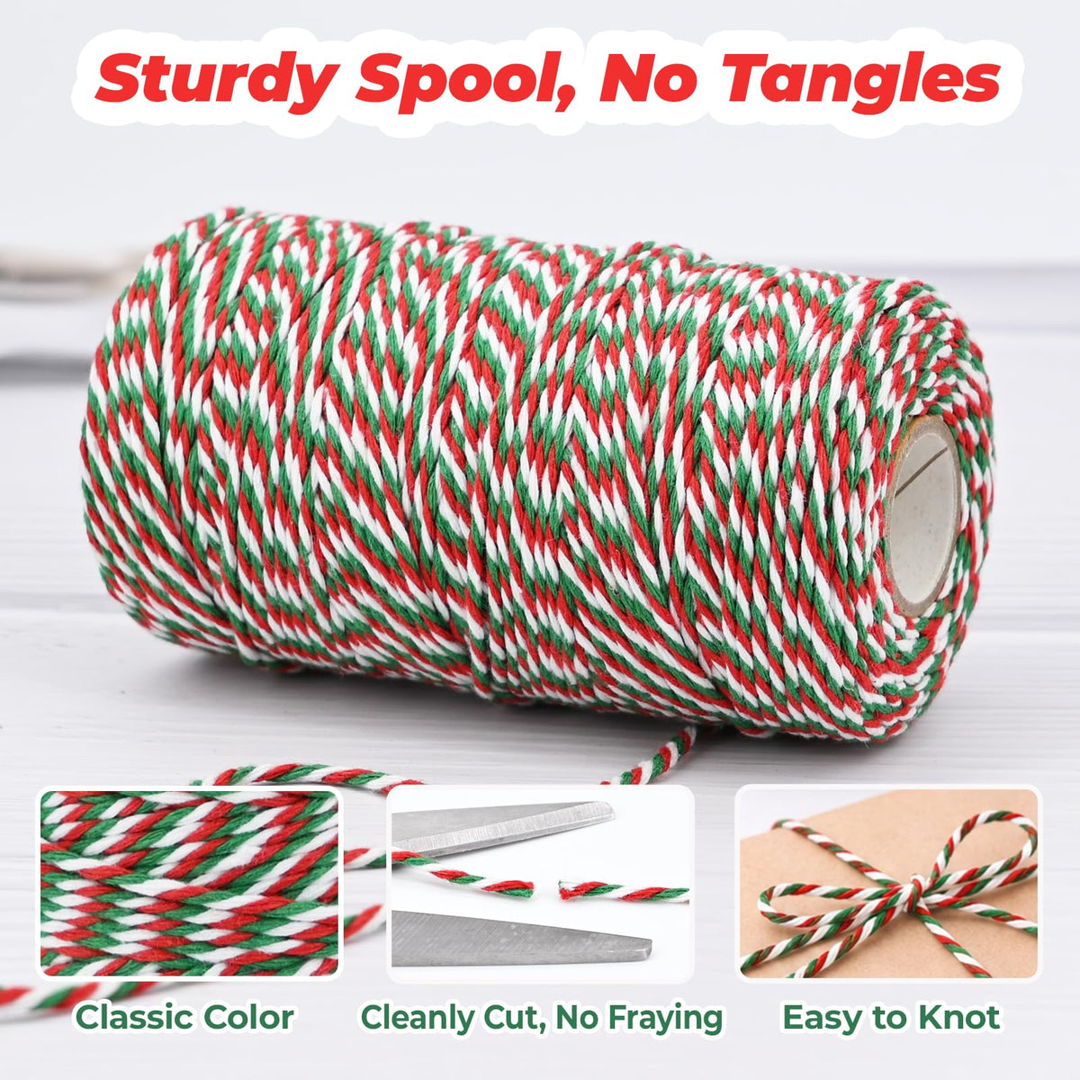 Red Green and White Cotton Twine String, 328 Feet, 2mm Thick