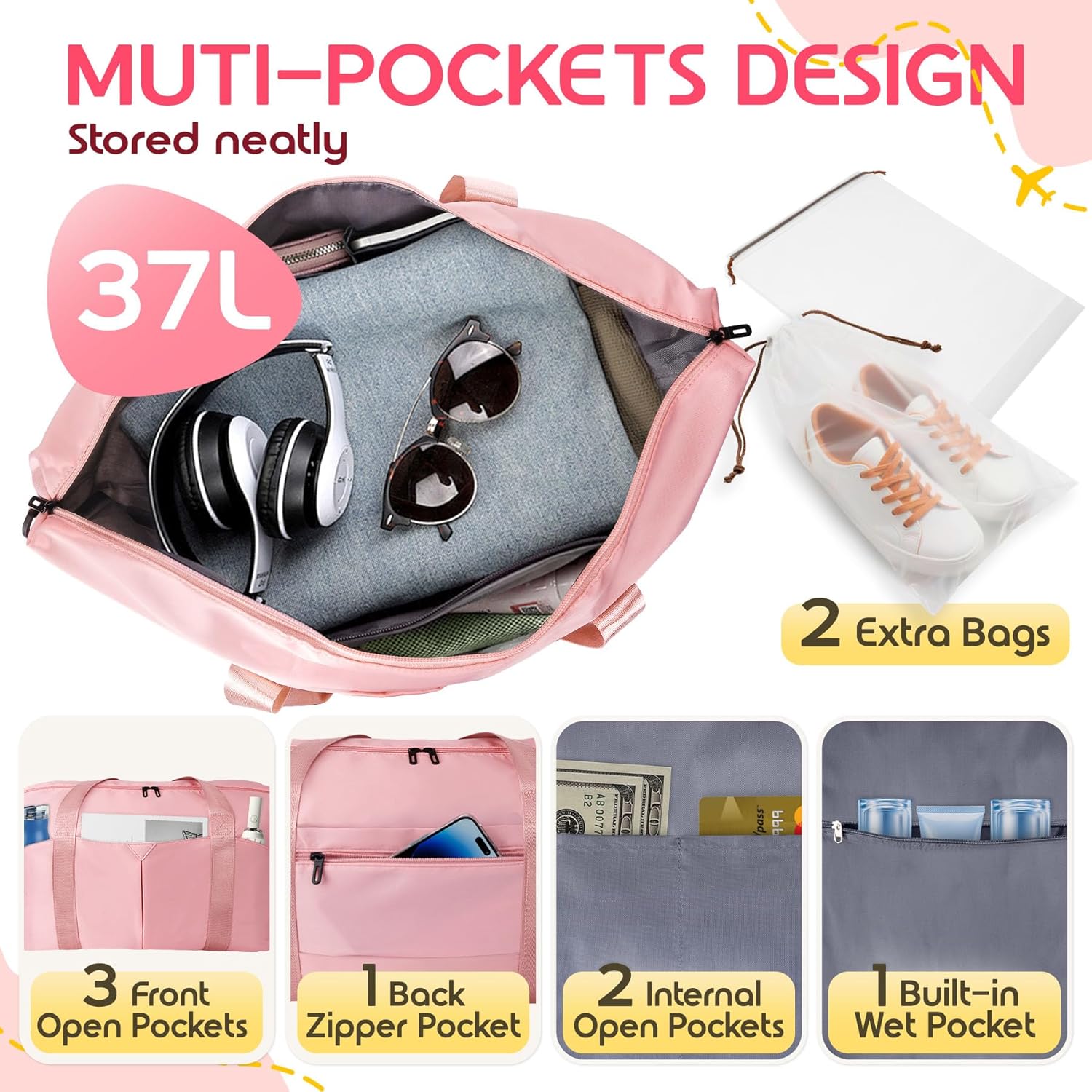 Duffle Bag for Travel, Carry-on Travel Bag with Trolley Sleeve, Sport Gym Bag for Women, Overnight Bag for Men