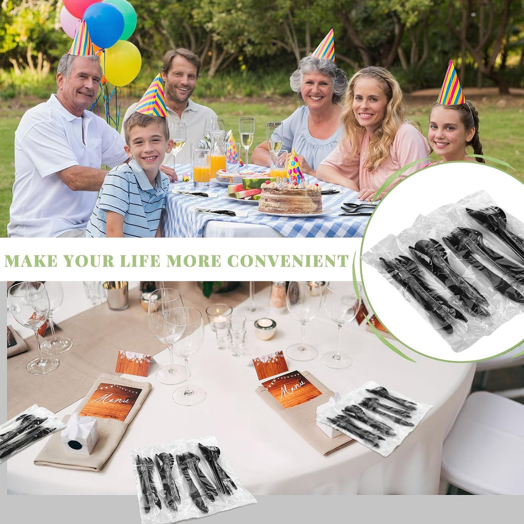 100 Set Plastic Silverware Knife Fork Spoon Napkin, Black