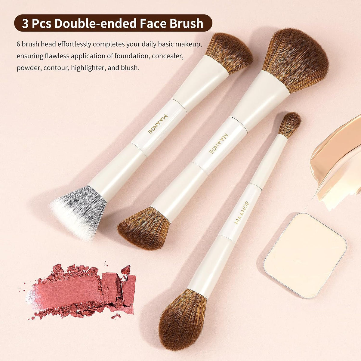 Makeup Brush Set 14-In-7 Double Ended Essential Foundation Makeup Brushes for Powder Concealers Eye Shadows Blush