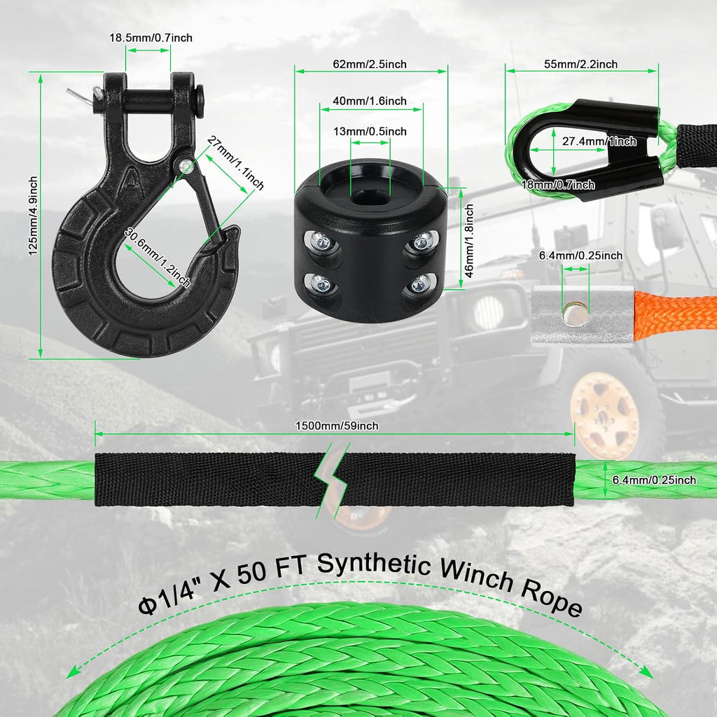Synthetic Winch Rope,1/4" x 50 ft 10000Lbs Winch Rope Line, Synthetic Winch Cable with Protective Sleeve+Winch