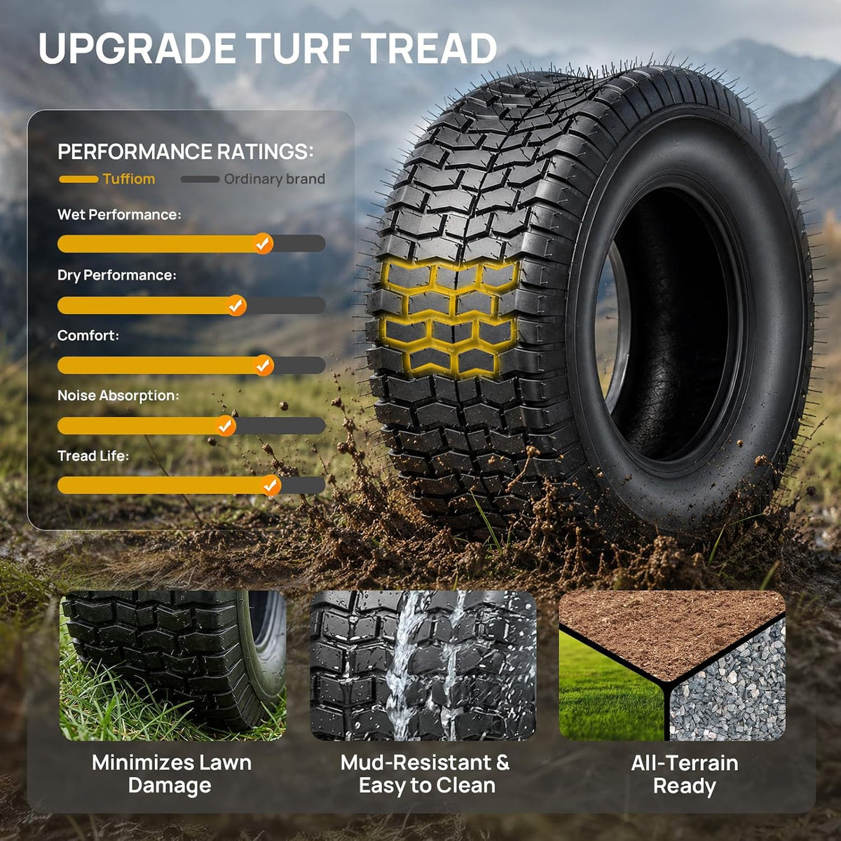 Set of 2 Lawn Mower Tires 13x5.00-6, 4PR/Ply Turf Riding Lawn Tractor Tires, Compatible with Most Lawn & Garden