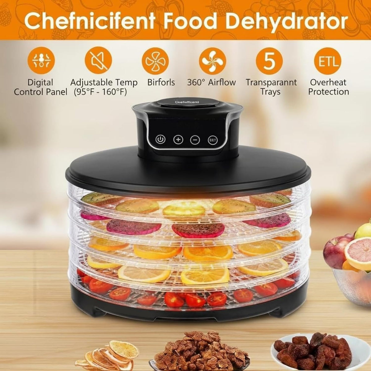 Food Dehydrator DryLite 245 – 5 Tray Adjustable, BPA-Free – 4-Hour Quick Drying, Even Heat, Easy Temp Control –