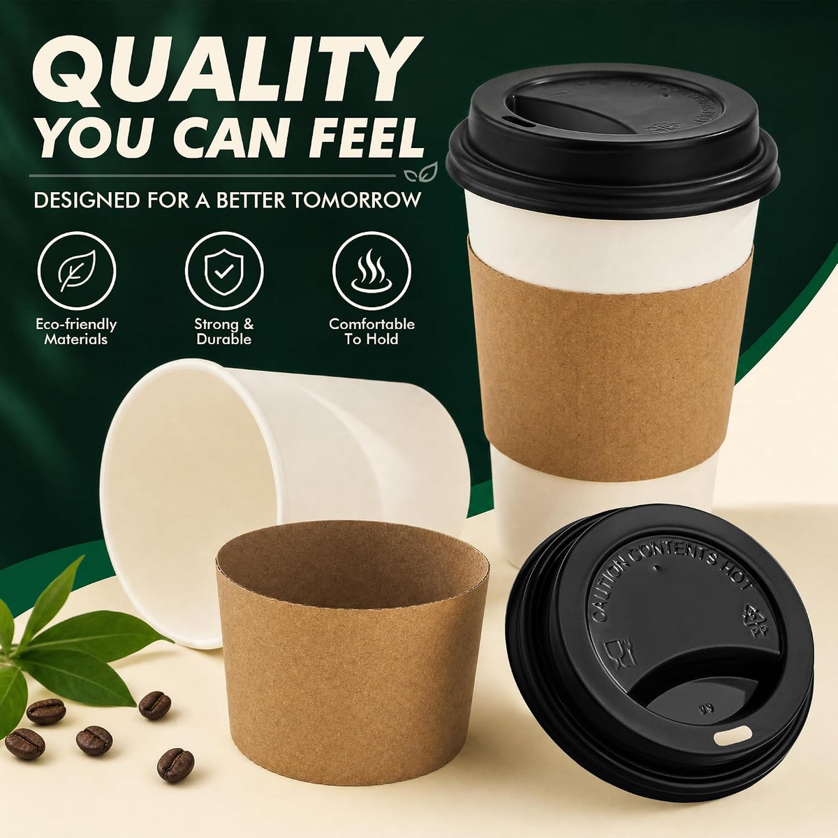 12 oz Coffee Cups with Lids and Sleeves 100 Pack, White