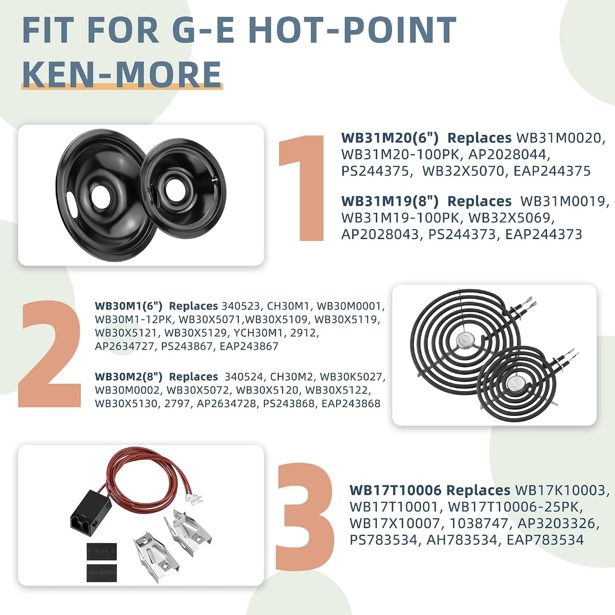 WB30M1 WB30M2 Electric Stove Burners & WB17T10006 Terminal Block Kit & WB31M19 WB31M20 Black Porcelain Burner Drip Pans Set Fit for G-E Ken-More Hot-Point Electric Range Burner Set by Fetechmate