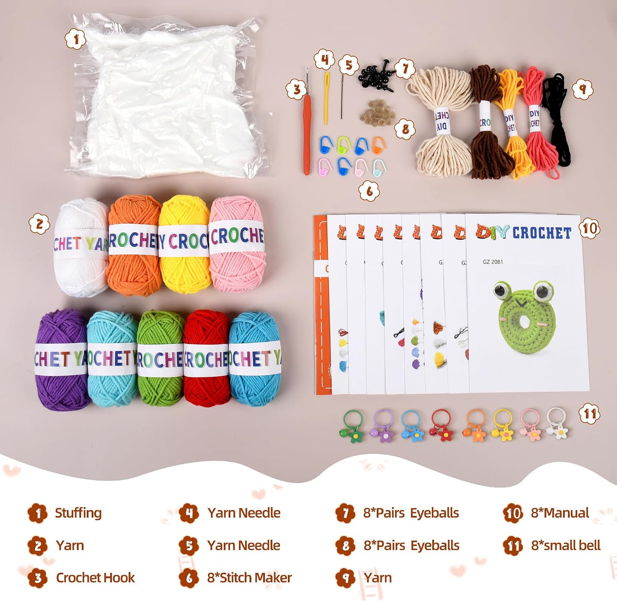2026 Upgraded 8Pcs Christmas Crochet Kit for Beginners – DIY Animal Set with Step-by-Step Video Guides, Premium Yarn
