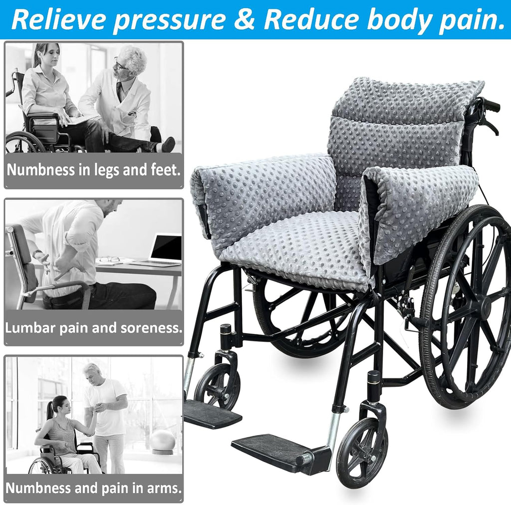 Wheelchair Seat Cushion - Thick Chair Pads with Full Armrest Covers - Back Pressure & Pain Relief, Non-Slip Tailbone