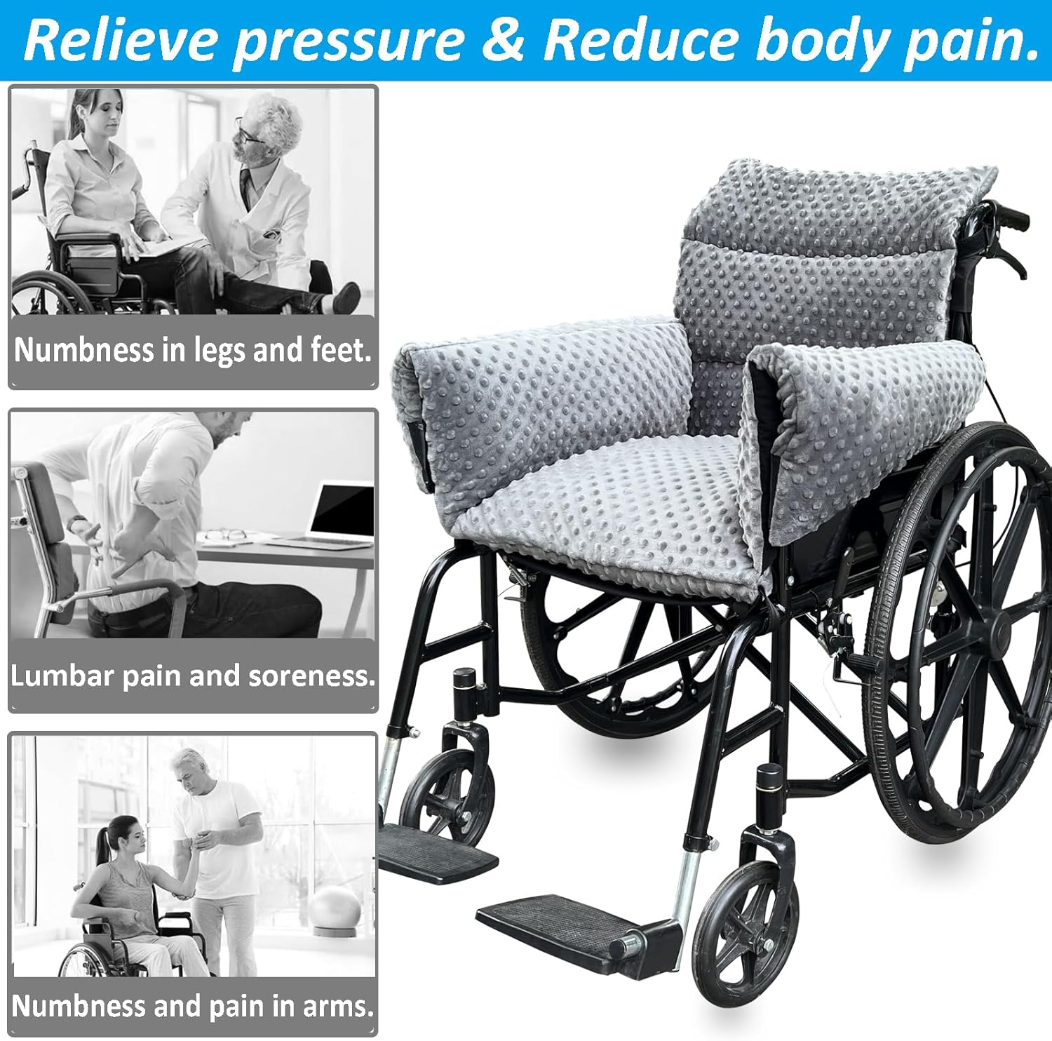 Wheelchair Seat Cushion - Thick Chair Pads with Full Armrest Covers - Back Pressure & Pain Relief, Non-Slip Tailbone
