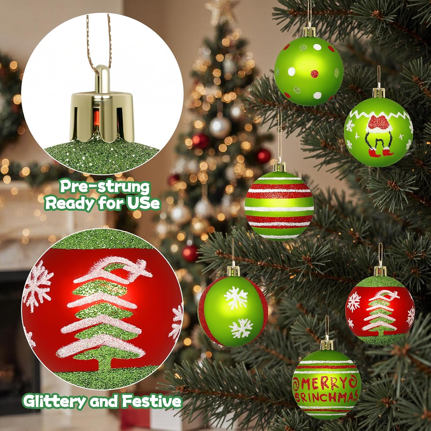 16 Christmas Tree Balls Ornaments Decoration 2.36'', Sparkly Red and Green | Pre-Strung/Shatterproof Christmas Indoor