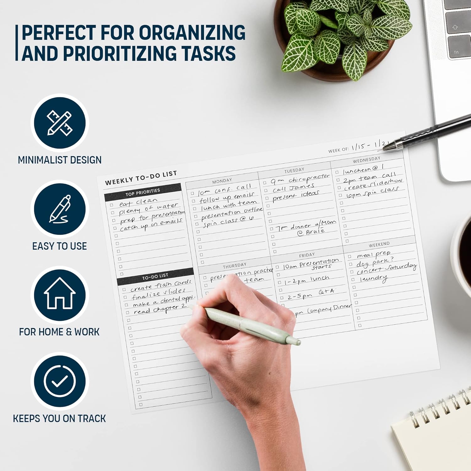 Weekly Planner Pad: To Do List Desk Notepad with Multiple Sections - 8.5x11" 52 Sheets - Undated Tear Off Notebook