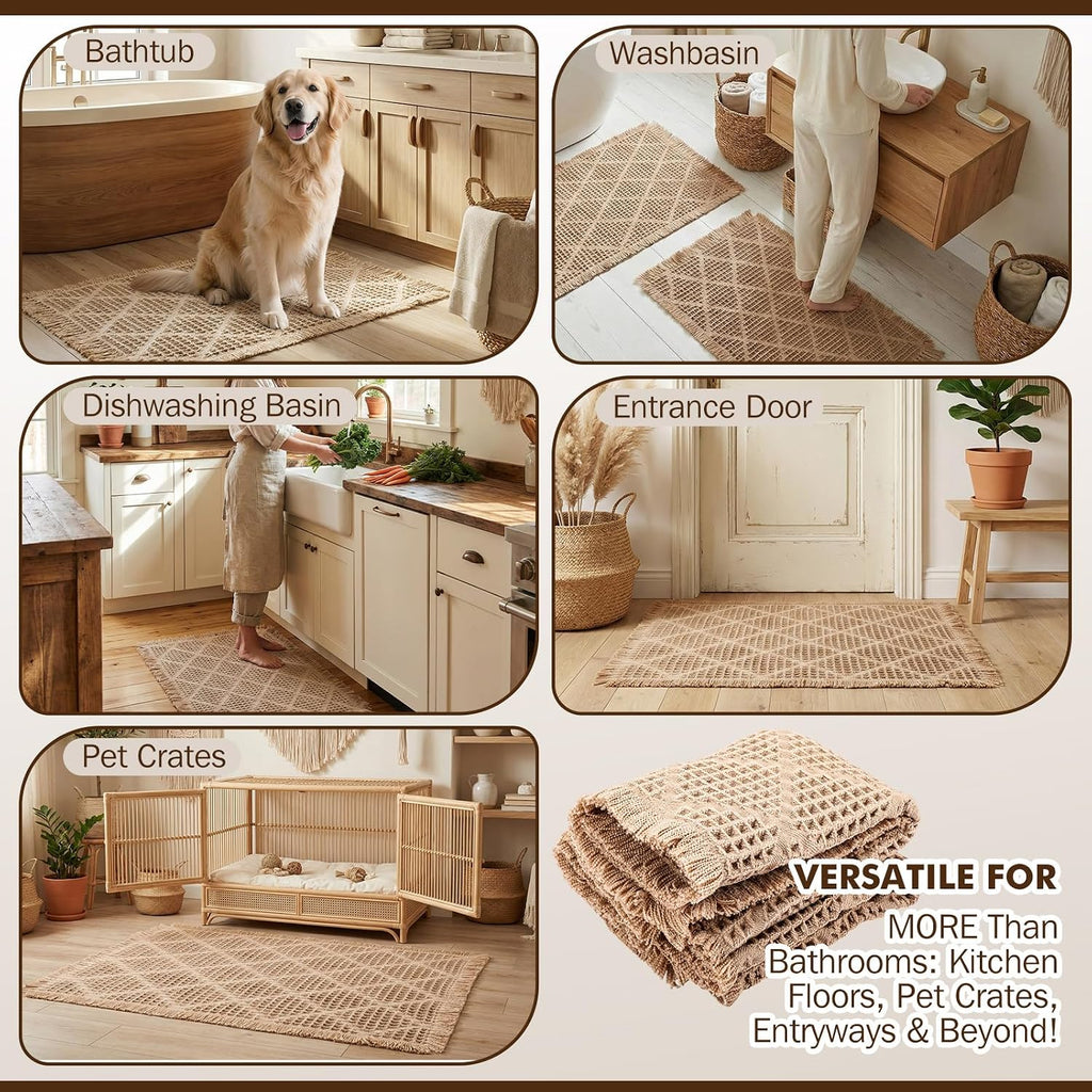 Set of 2 Upgraded Diamond Pattern Waffle Bathroom Rugs, Boho Bath Rugs Rubber Backing Non Slip, Absorbent Machine