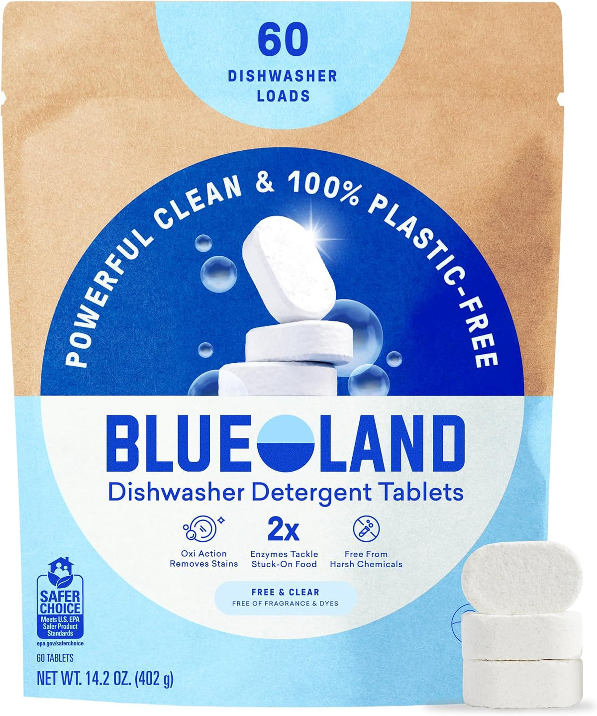 100% Plastic-Free Dishwasher Detergent Tablets, 60ct, Free & Clear
