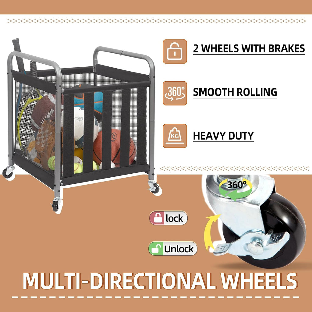 Ball Storage Bin Rolling Sports Ball Cart, Metal Garage Organizer Sport Rack Basketball Storage Cage for Garage or