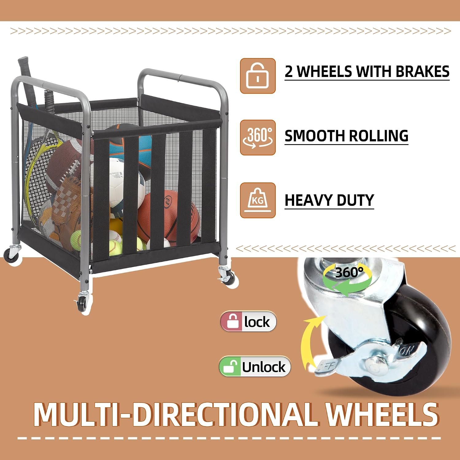 Ball Storage Bin Rolling Sports Ball Cart, Metal Garage Organizer Sport Rack Basketball Storage Cage for Garage or