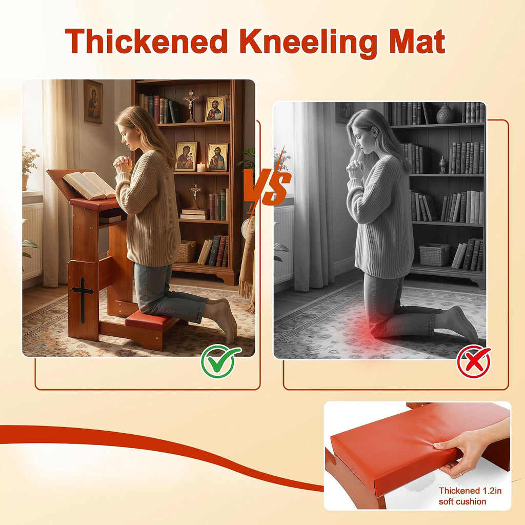 Folding Prayer Kneeler Bench, Adjustable Wooden with Bookshelf