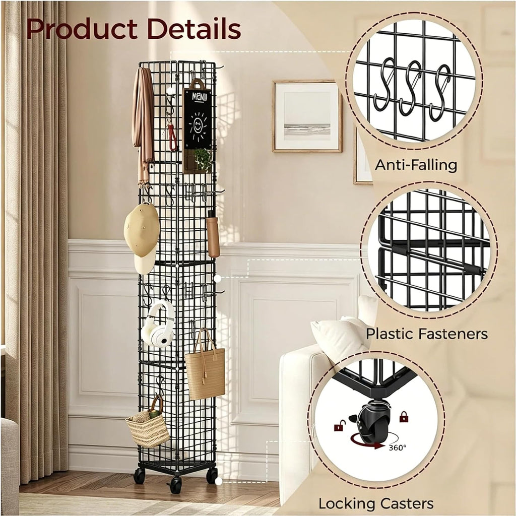 Triangular Gridwall Panel with Wheels, 3-Sided Display Stand for Vendor Events with 20 Hooks, Rolling Grid Wall Stand