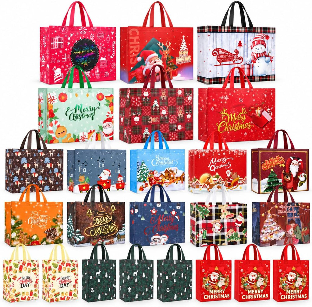 24 Pack Christmas Gift Bags Assorted Sizes Bulk with Handles