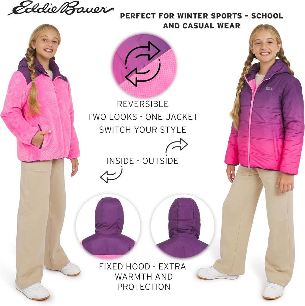 Eddie Bauer Girls' Deer Harbor Reversible Faux Fur Lined Insulated Puffer Jacket