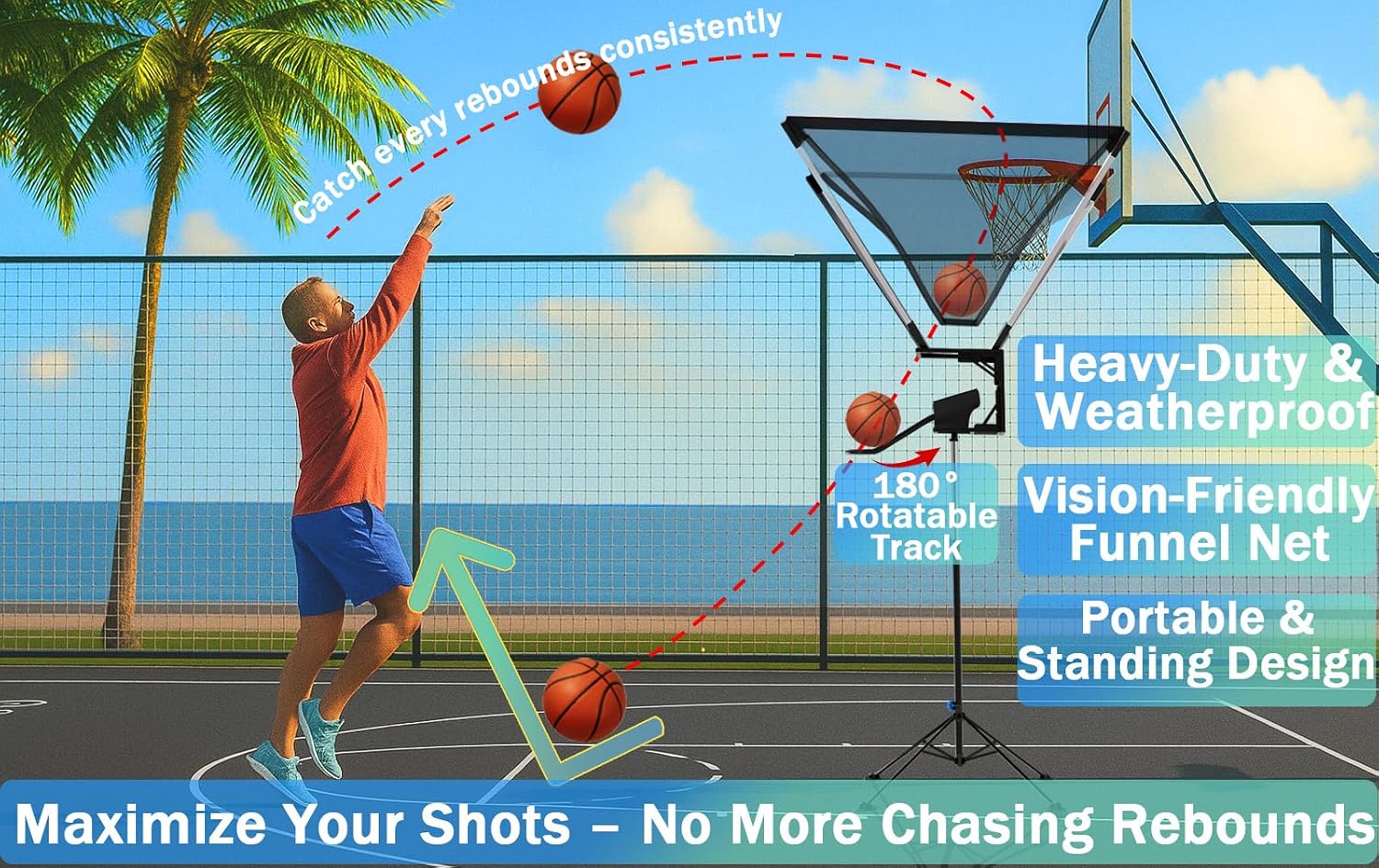 Basketball Rebounder, Basketball Return Attachment with 180° Rotating Track, Shot Trainer Rebounder Net Return System