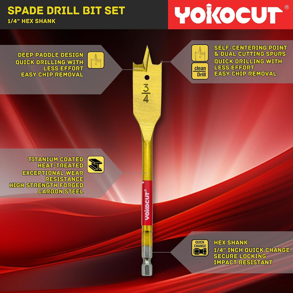 Spade Drill Bit Set, 6PCS Paddle Bits Set, 3/8"-1" Spade Bits with 1/4 Hex Shank, Wood Hole Cutter, Drill Bits for Wood