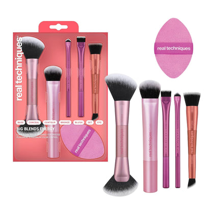 Big Blends Energy Brush + Dual-Sided Puff Kit, 6 Piece Face Makeup Brush & Puff Set for Foundation, Concealer, Powder