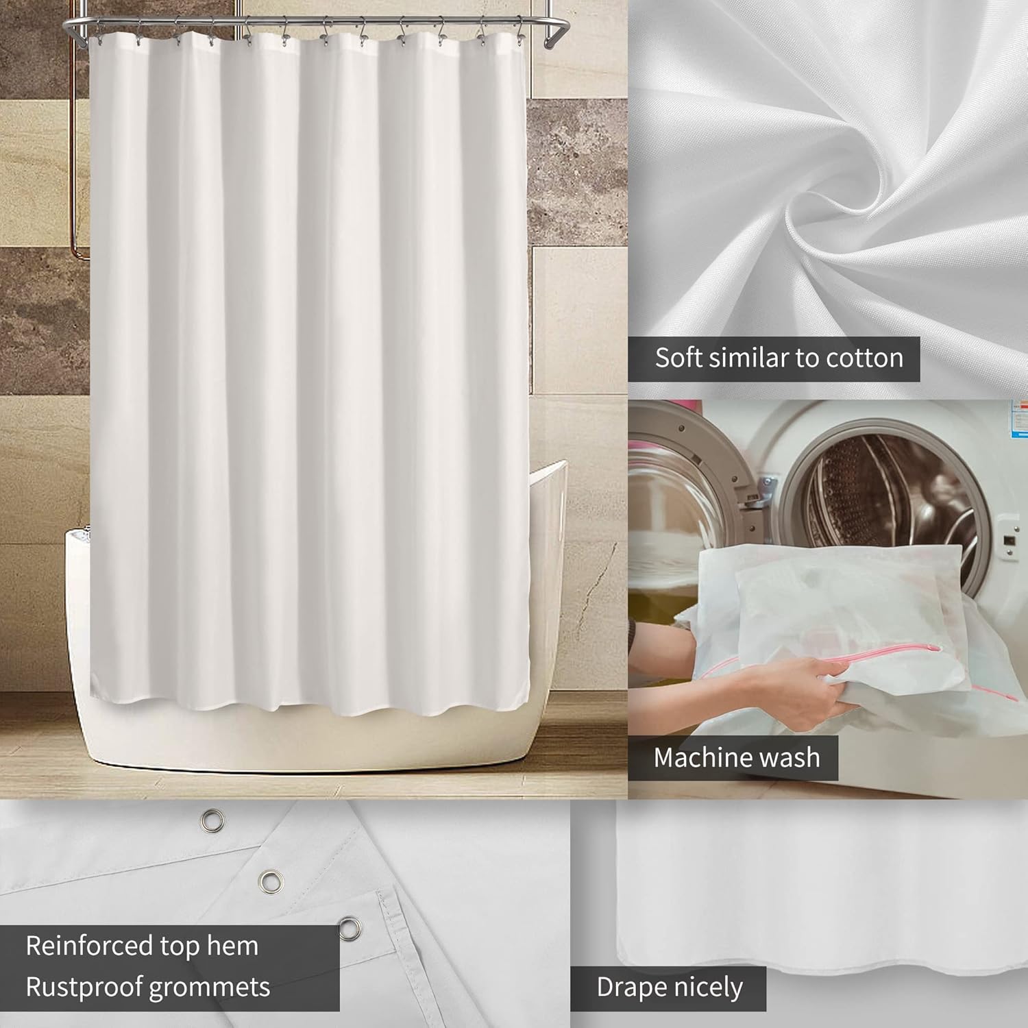 72x78 Long Waterproof Fabric Shower Curtain or Liner White | 2 Magnets, Soft Cloth & Hotel Quality, Machine Washable