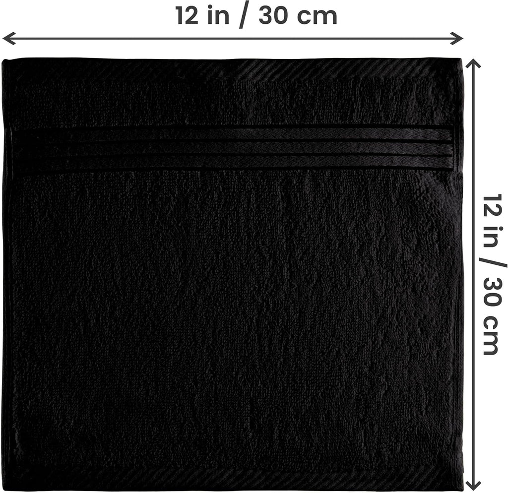 12 Pack Premium Wash Cloths, 12x12 in, 100% Cotton, Black | Highly Absorbent Soft Feel Lightweight Washcloths