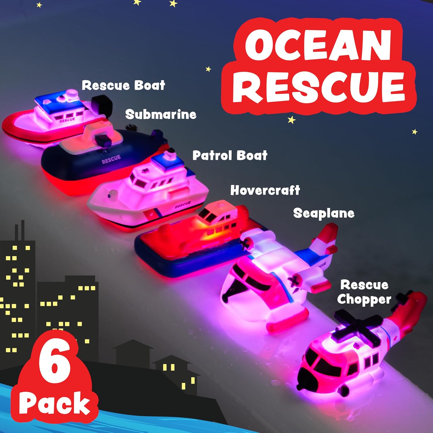 Ocean Rescue Vehicles Light Up Bath Toys, 6 Pack | Water-Activated Light Up Toys Flash & Change Color | Easy-Grip