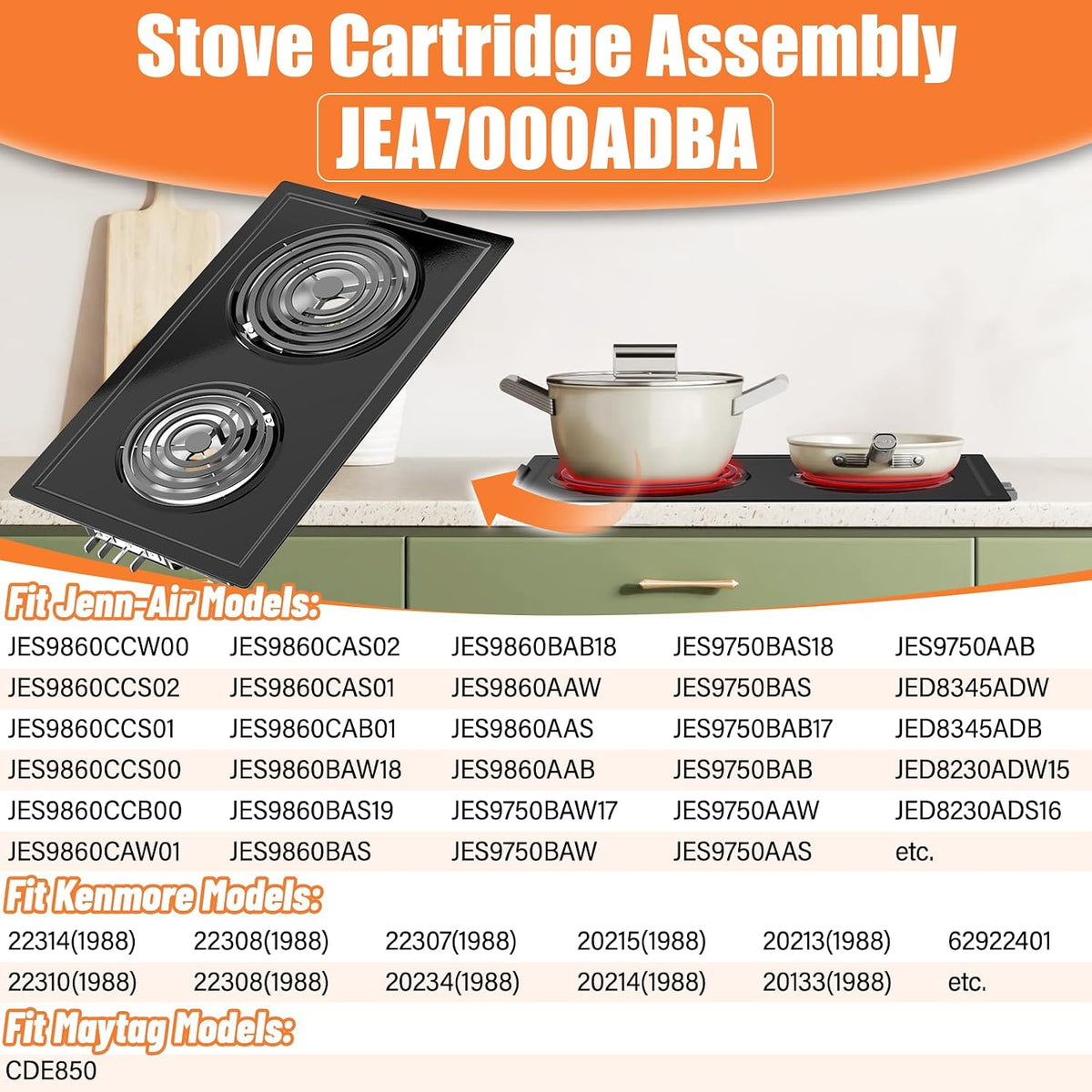 Upgraded JEA7000ADBA Coil Element Cartridge Compatible with Jenn Air Cooktop Replacement Parts Range Stove Cartridge For Whirlpool Electric Burner Cartridge JEA7000ADB With Drip Pans