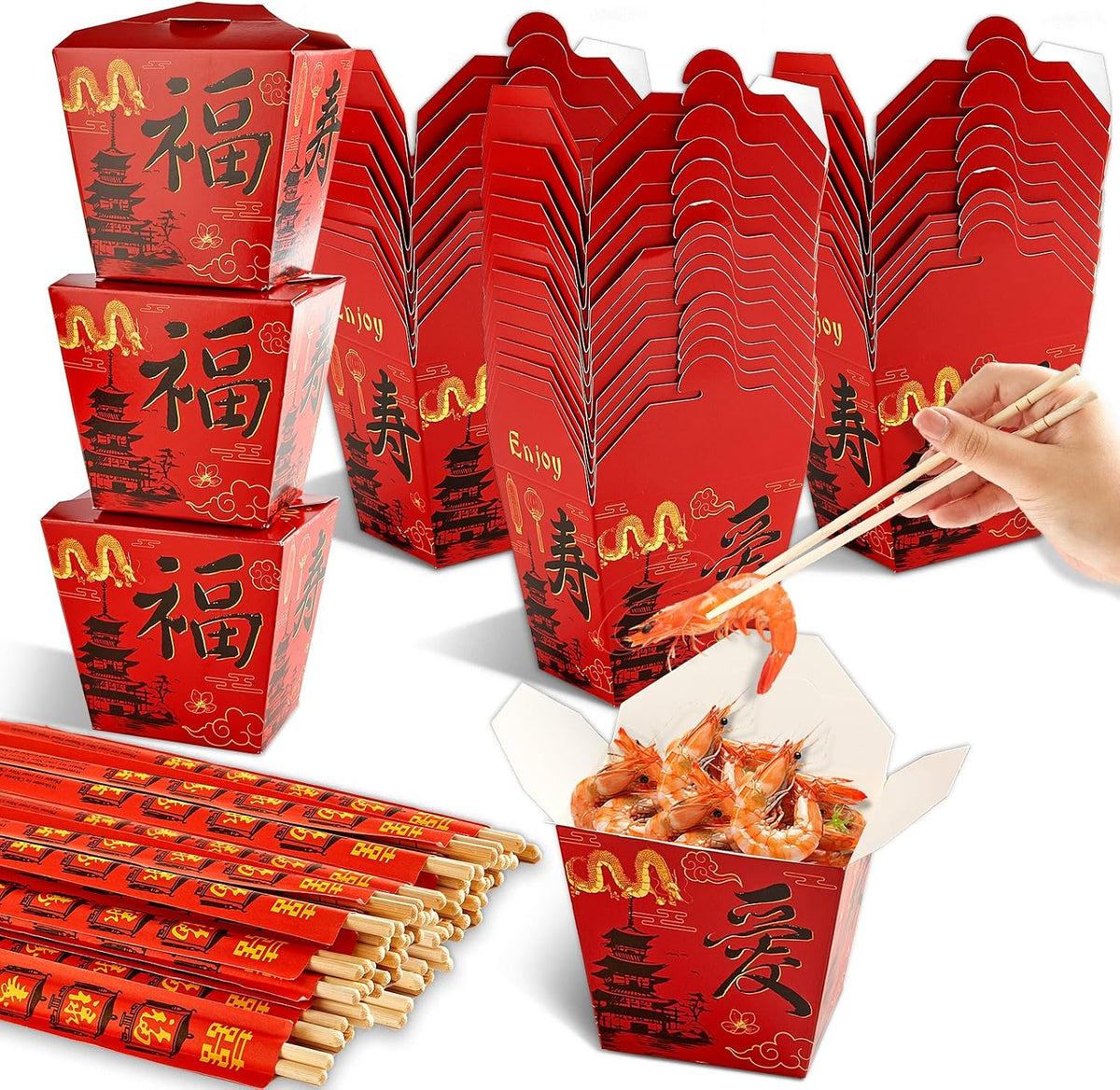 25 Sets Red Chinese Take Out Food Boxes with Chopsticks