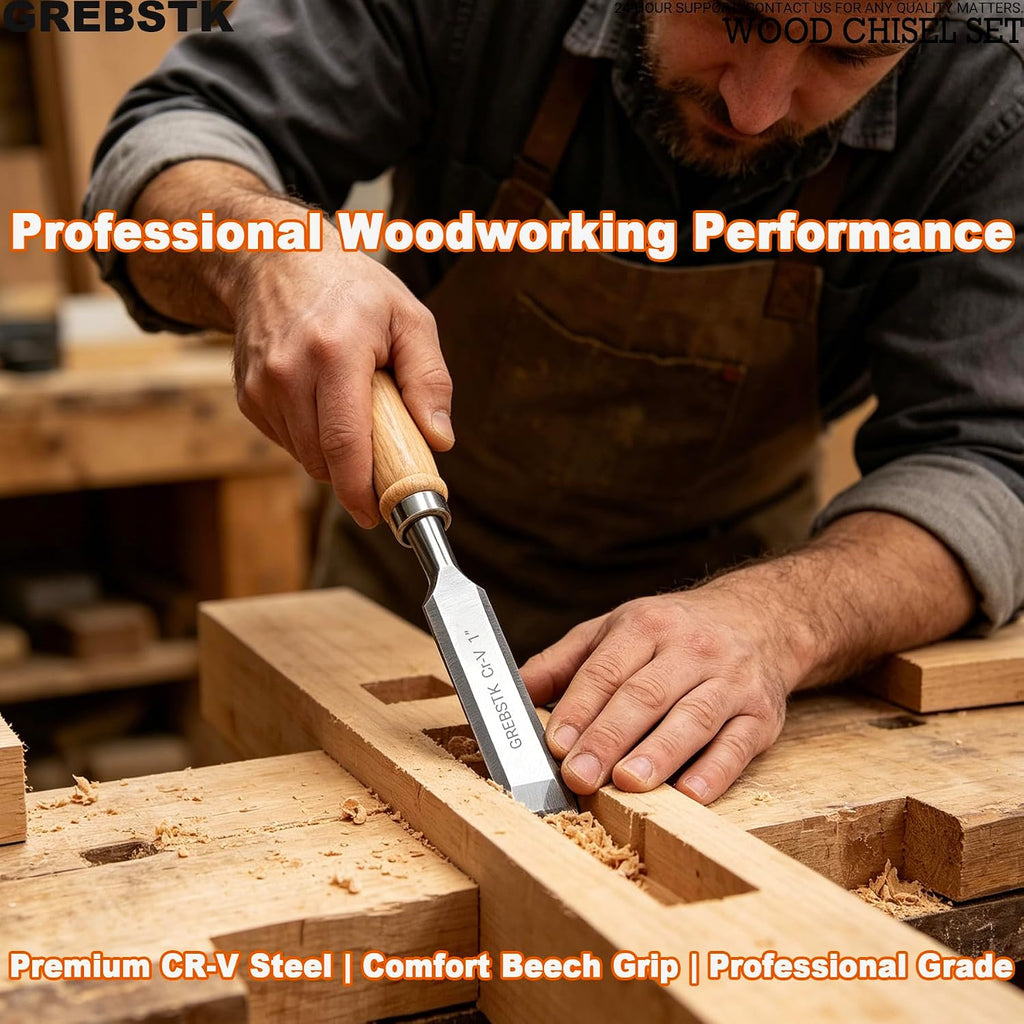 4 Piece Wood Chisel Set CR-V Steel Sharp Bevel Edge for Woodworking | Chromium Vanadium, High Hardness & Durability.