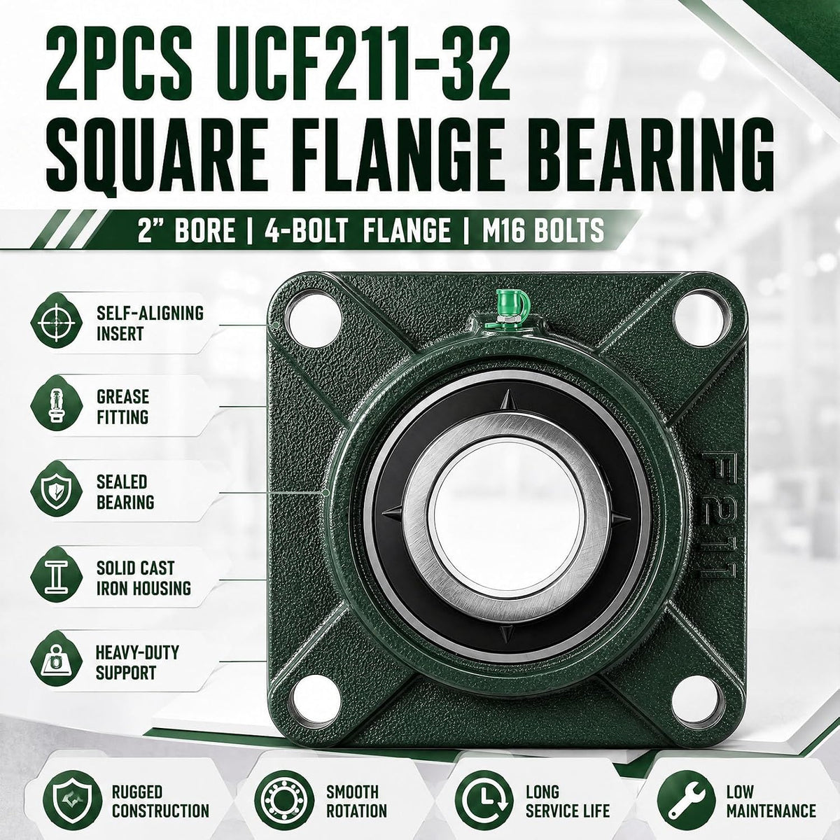 2pcs UCF211-32 Square Pillow Flange Bearing, 2" Bore 4-Bolt Cast