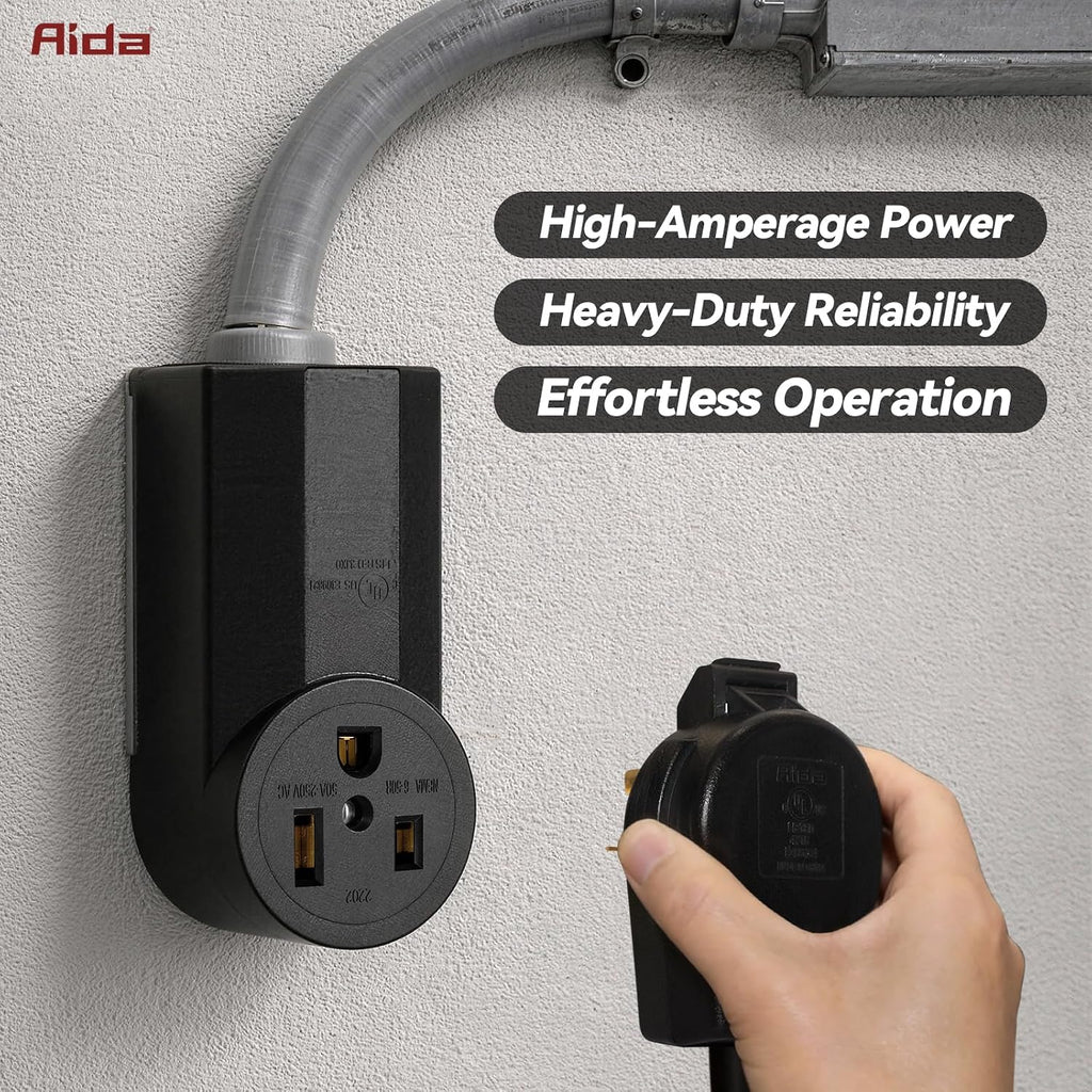 50 Amp 250 Volt 6-50R 2-Pole, 3-Wire Grounding Surface Mount Power Dryer Receptacle Outlet, Back Wire, AL/CU, UL