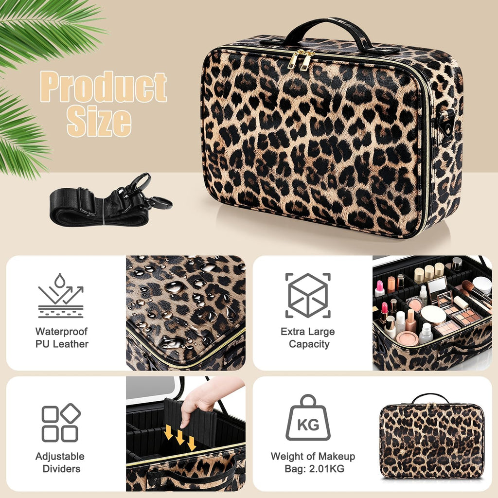 Makeup Bag with Mirror and Light, 15"X11" Large, Leopard Print PU Leather