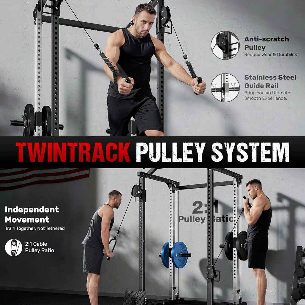 DP01 Power Cage, 2000LBS Squat Rack with Cable Crossover and Dual Independent Pulley System, Full Cage for Full Body