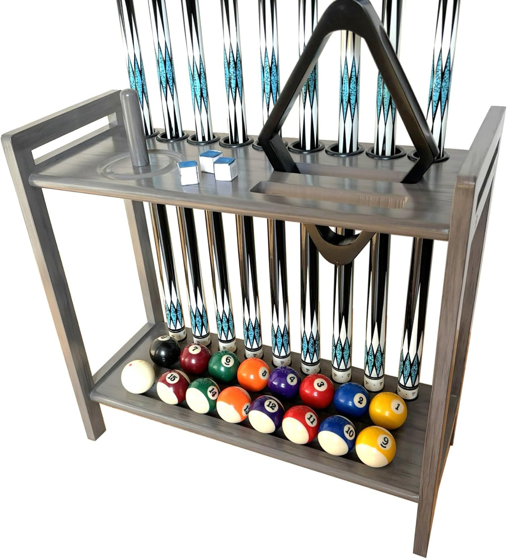 Pool Stick Holder Floor Stand Holds 9 Cues & Pool Table Accessories. Wooden 2-Tier Cue Stick Storage with Ball Rack