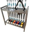 Pool Stick Holder Floor Stand Holds 9 Cues & Pool Table Accessories. Wooden 2-Tier Cue Stick Storage with Ball Rack