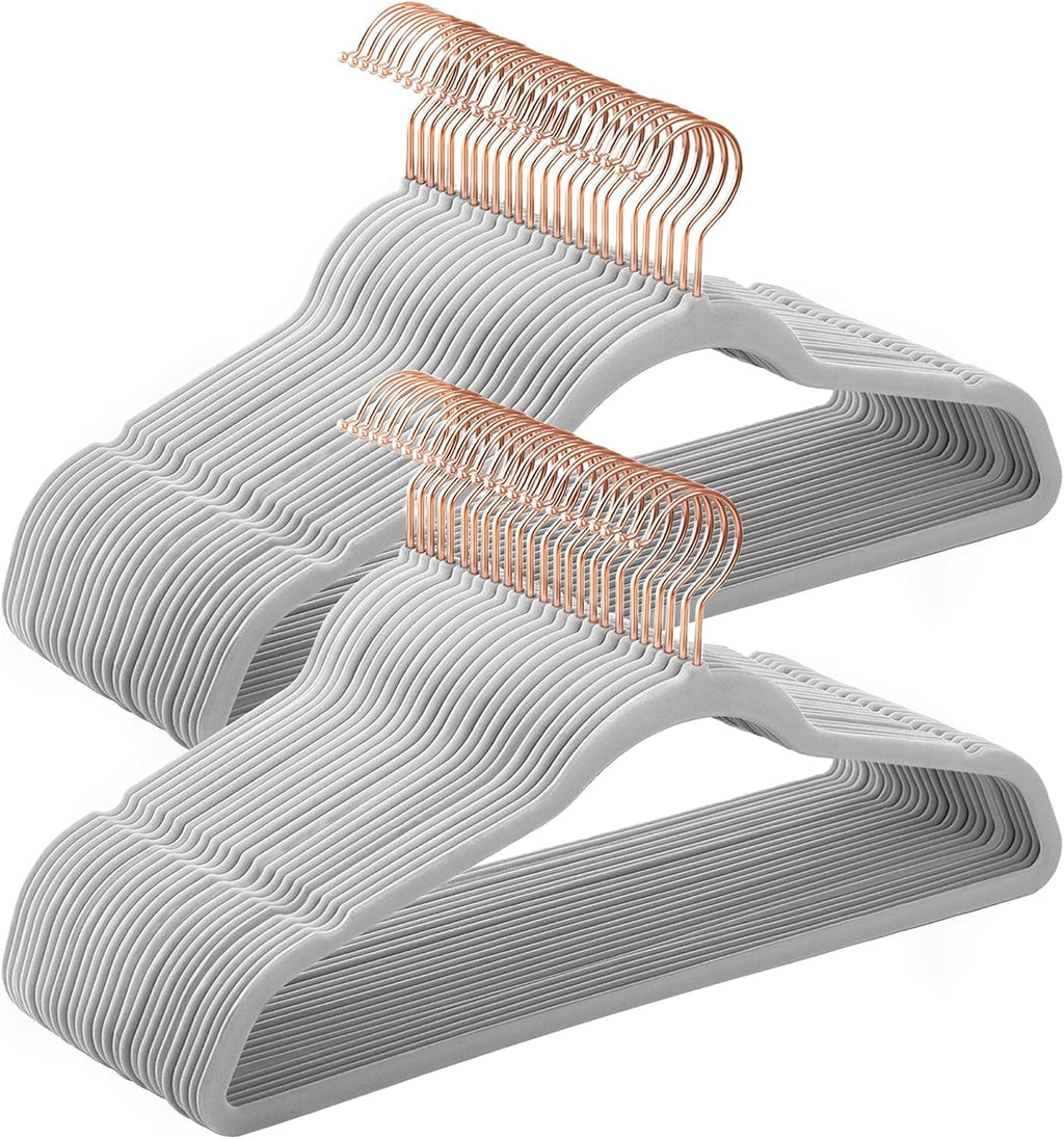 Slim Velvet Hangers, Non-Slip Clothes Hangers with Rose Gold Swivel Hooks, Space-Saving