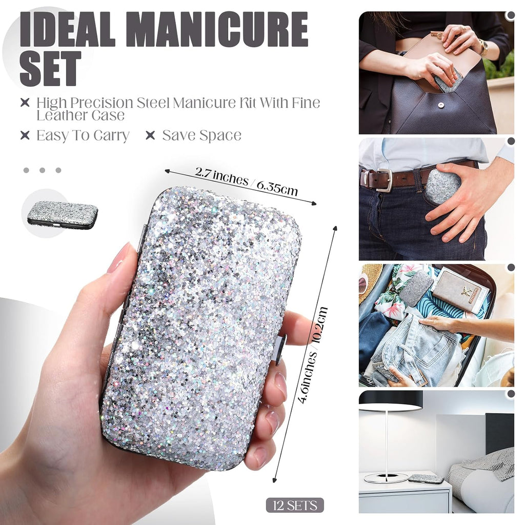 12 Set 8 in 1 Manicure Kit Gifts Nail Clippers, Glitter Silver