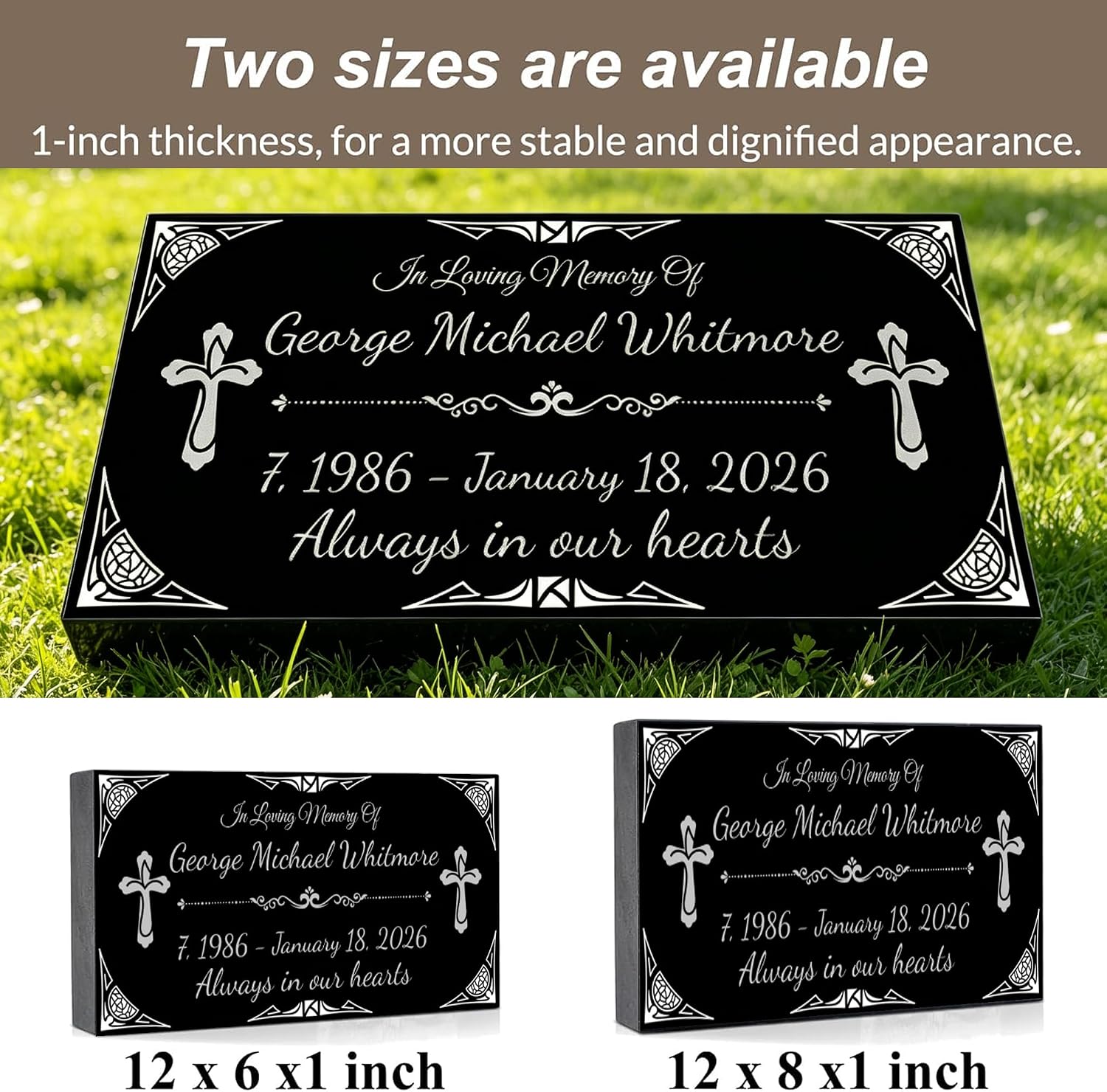 Personalized Human Memorial Stone, Black Granite Headstone with Photo, Engraved Grave Marker for Cemetery Outdoor
