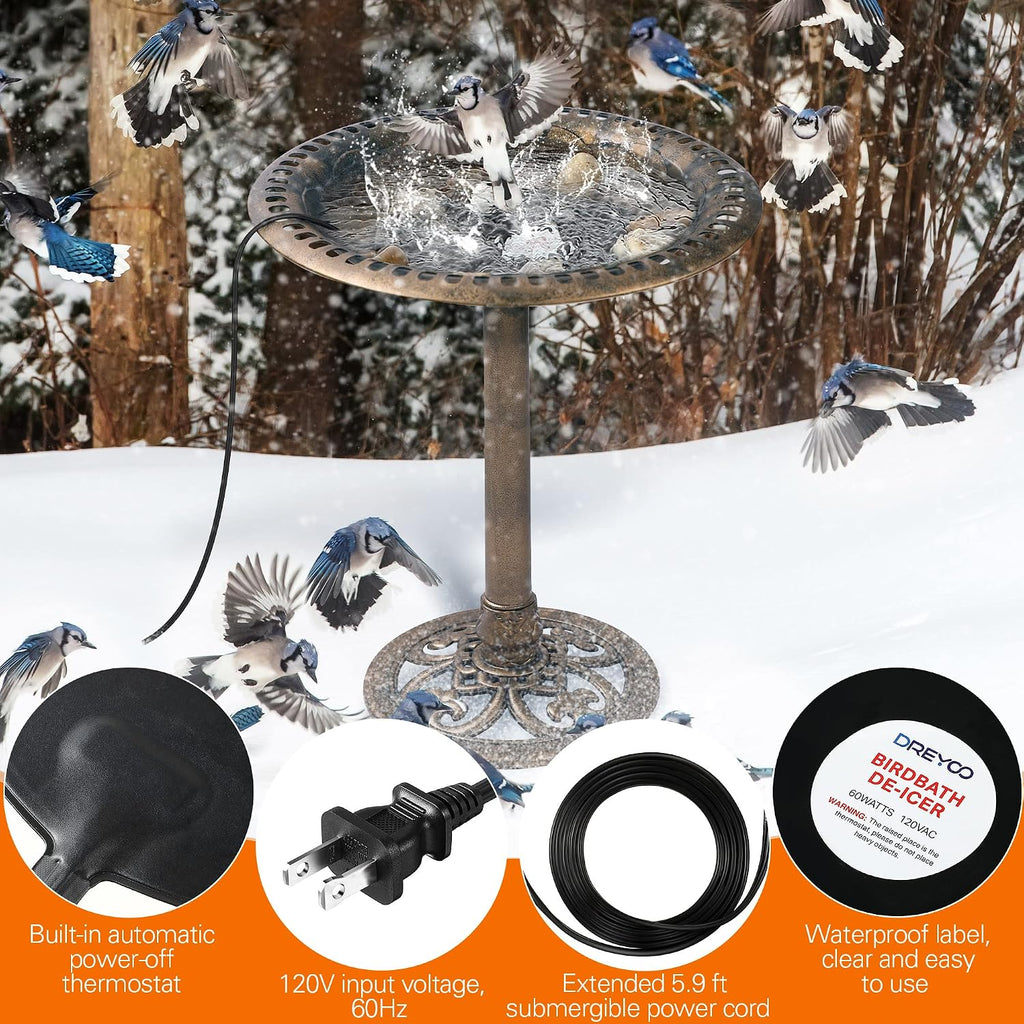 Bird Bath De Icer, 60w Submergible De Icer, Thermostatic Controlled Winter Water Heater Deicer for Bird, Chicken