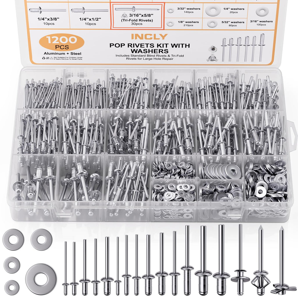 1200PCS Pop Rivets & Trifold Rivets Assortment Kit with Washers